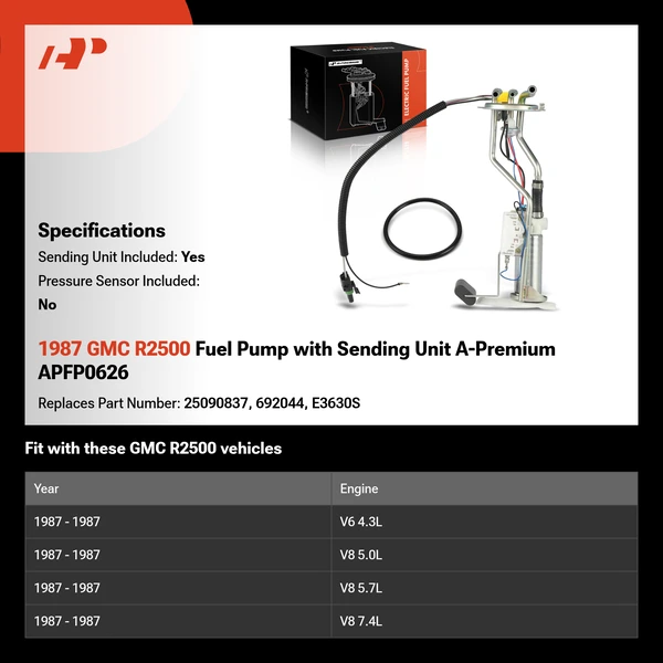 1987 GMC R2500 Fuel Pump with Sending Unit A-Premium APFP0626