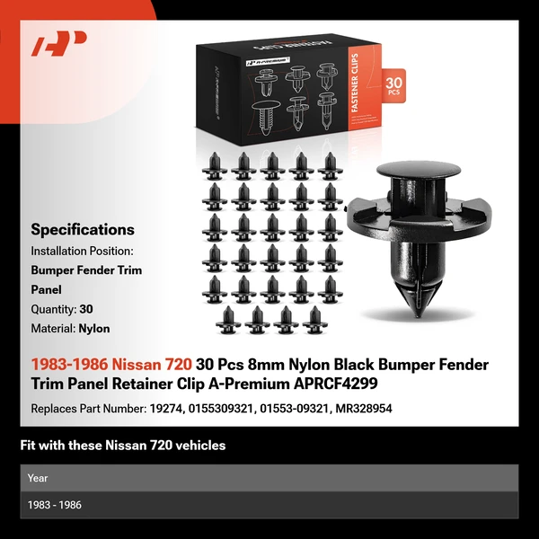 1983-1986 Nissan 720 30 Pcs 8mm Nylon Black Bumper Fender Trim Panel Retainer Clip A-Premium APRCF4299