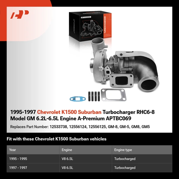 1995-1997 Chevrolet K1500 Suburban Turbocharger RHC6-8 Model GM 6.2L-6.5L Engine A-Premium APTBC069