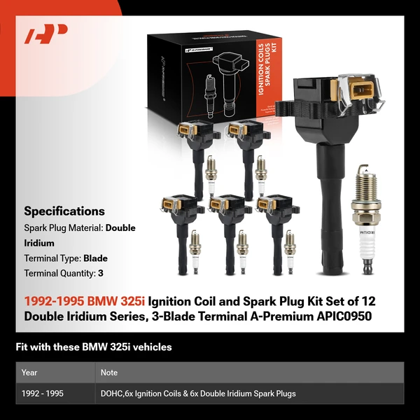 1992-1995 BMW 325i Ignition Coil and Spark Plug Kit Set of 12 Double Iridium Series, 3-Blade Terminal A-Premium APIC0950