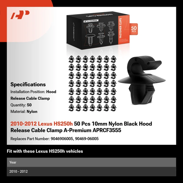 2010-2012 Lexus HS250h 50 Pcs 10mm Nylon Black Hood Release Cable Clamp A-Premium APRCF3555