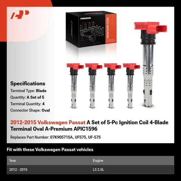2012-2015 Volkswagen Passat A Set of 5-Pc Ignition Coil 4-Blade Terminal Oval A-Premium APIC1596
