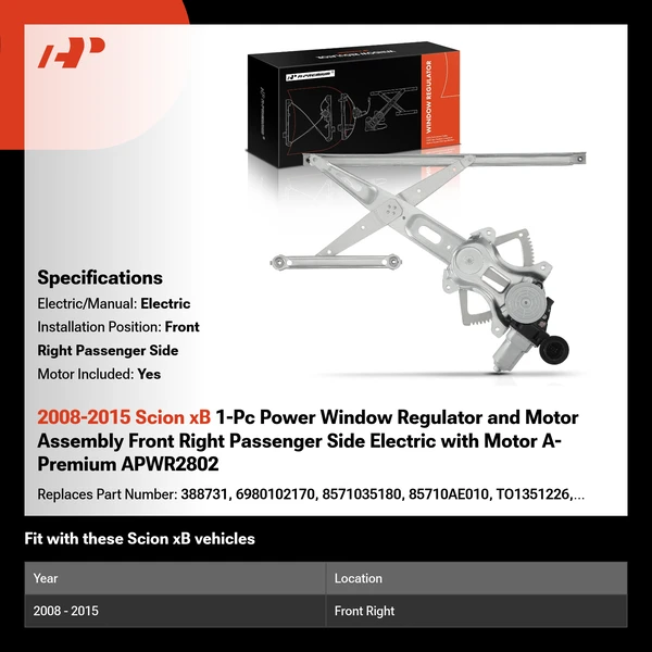 2008-2015 Scion xB 1-Pc Power Window Regulator and Motor Assembly Front Right Passenger Side Electric with Motor A-Premium APWR2802