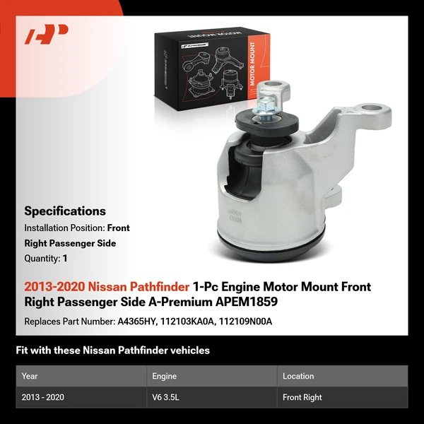 2013-2020 Nissan Pathfinder 1-Pc Engine Motor Mount Front Right Passenger Side A-Premium APEM1859