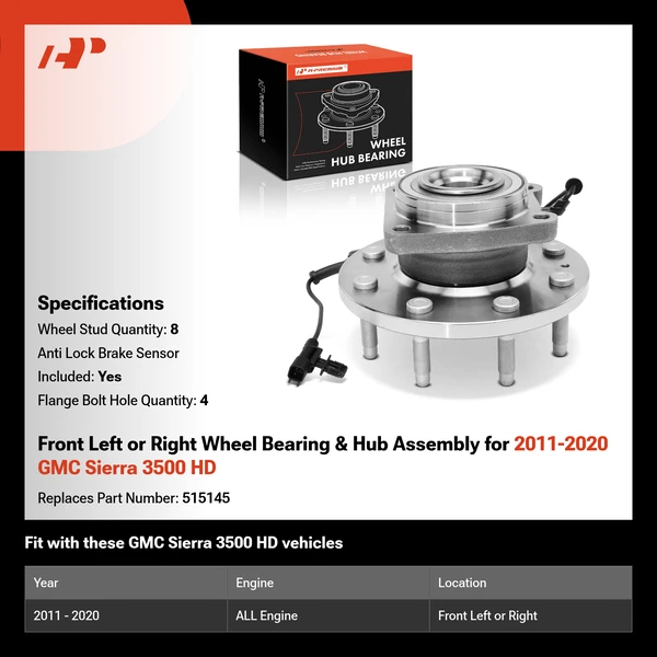 Front Left or Right Wheel Bearing & Hub Assembly for 2011-2020 GMC Sierra 3500 HD