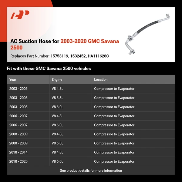 AC Suction Hose for 2003-2020 GMC Savana 2500