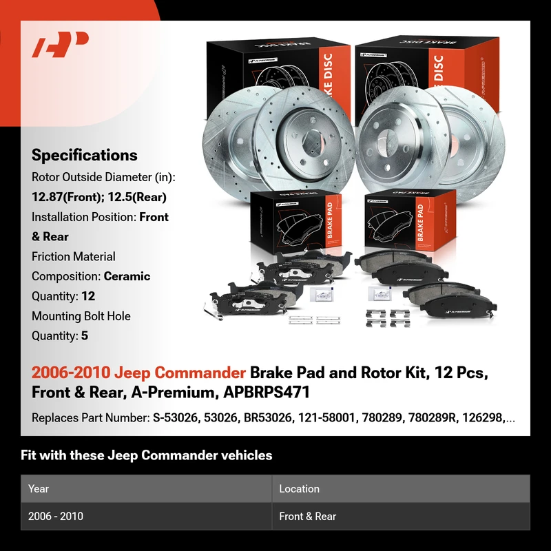 2006-2010 Jeep Commander Brake Pad and Rotor Kit, 12 Pcs, Front & Rear, A-Premium, APBRPS471