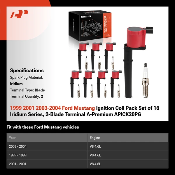 1999 2001 2003-2004 Ford Mustang Ignition Coil Pack Set of 16 Iridium Series, 2-Blade Terminal A-Premium APICK20PG