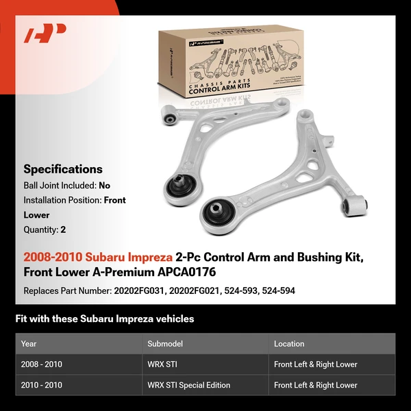 2008-2010 Subaru Impreza 2-Pc Control Arm and Bushing Kit, Front Lower A-Premium APCA0176
