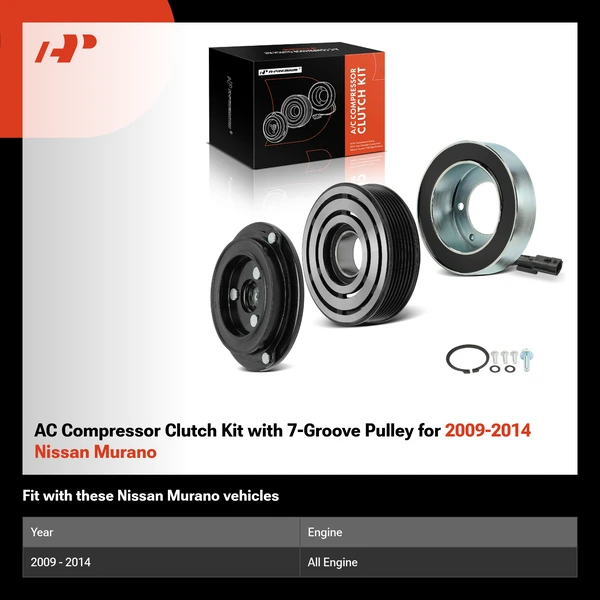 AC Compressor Clutch Kit with 7-Groove Pulley for 2009-2014 Nissan Murano