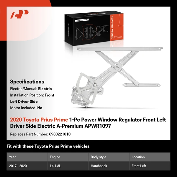 2020 Toyota Prius Prime 1-Pc Power Window Regulator Front Left Driver Side Electric A-Premium APWR1097