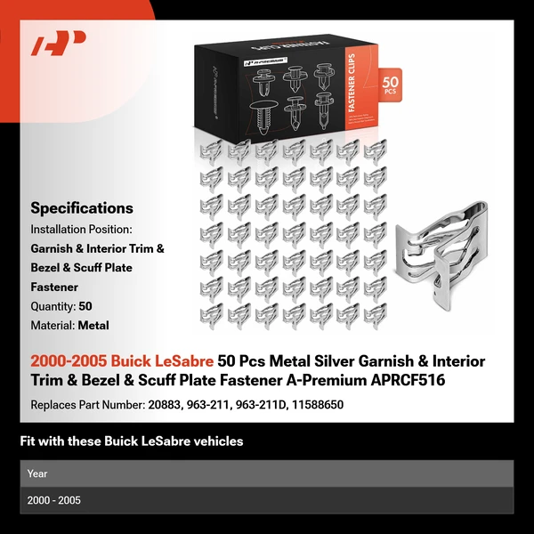 2000-2005 Buick LeSabre 50 Pcs Metal Silver Garnish & Interior Trim & Bezel & Scuff Plate Fastener A-Premium APRCF516
