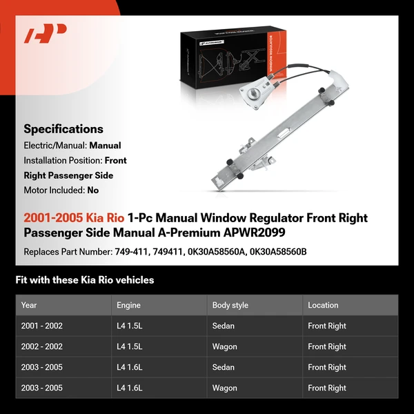 2001-2005 Kia Rio 1-Pc Manual Window Regulator Front Right Passenger Side Manual A-Premium APWR2099