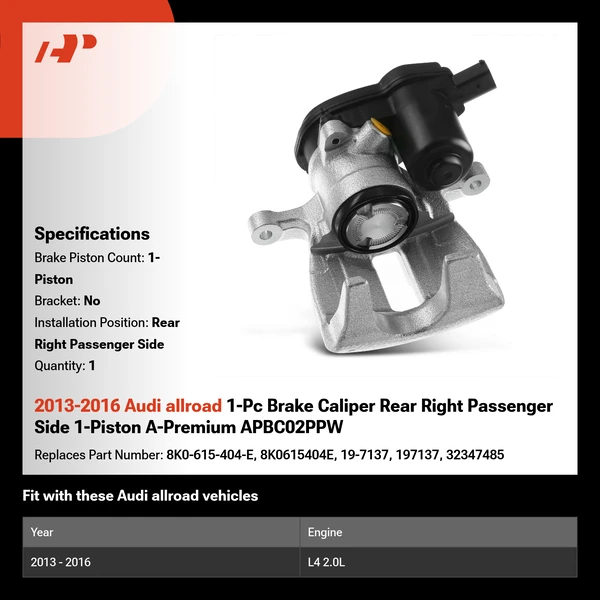 2013-2016 Audi allroad 1-Pc Brake Caliper Rear Right Passenger Side 1-Piston A-Premium APBC02PPW