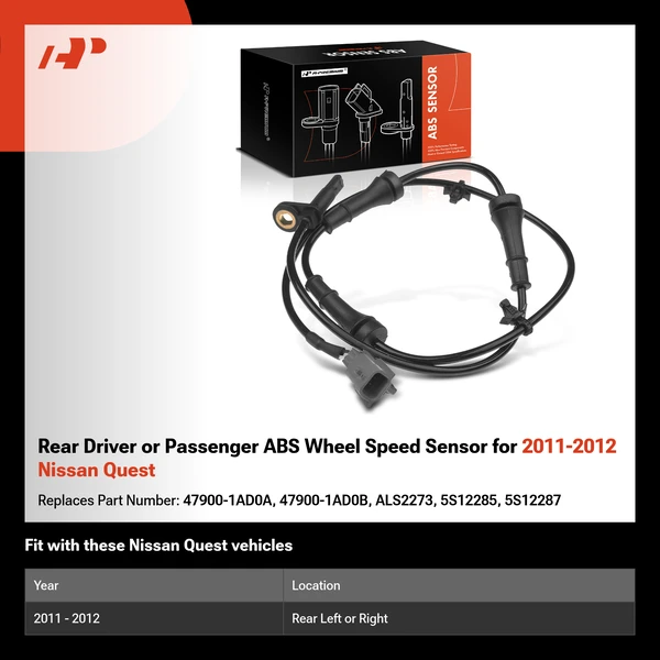 Rear Driver or Passenger ABS Wheel Speed Sensor for 2011-2012 Nissan Quest