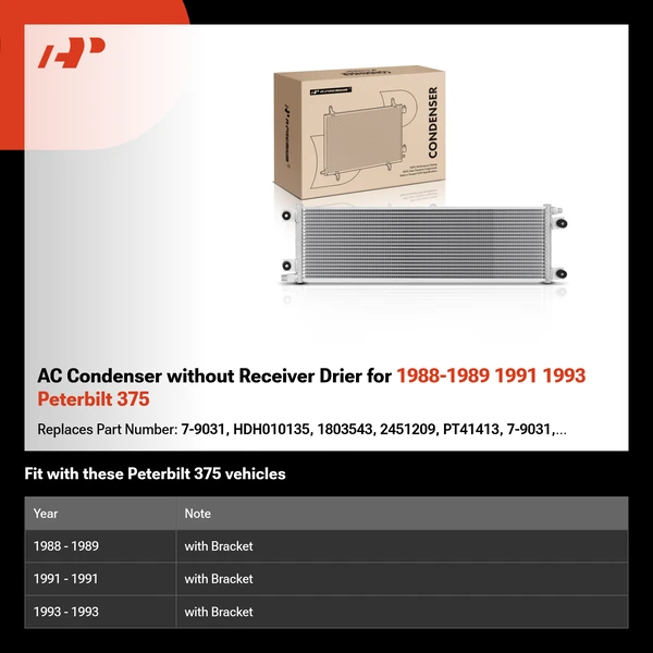 AC Condenser without Receiver Drier for 1988-1989 1991 1993 Peterbilt 375