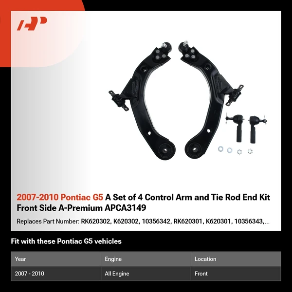 2007-2010 Pontiac G5 A Set of 4 Control Arm and Tie Rod End Kit Front Side A-Premium APCA3149