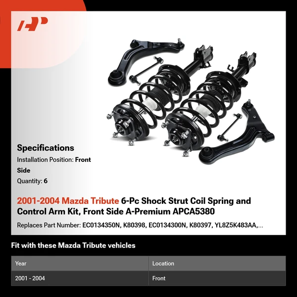 2001-2004 Mazda Tribute 6-Pc Shock Strut Coil Spring and Control Arm Kit, Front Side A-Premium APCA5380