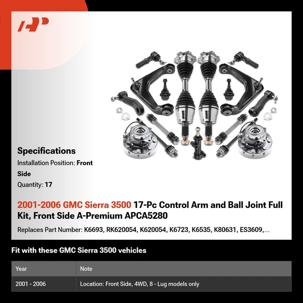 2001-2006 GMC Sierra 3500 17-Pc Control Arm and Ball Joint Full Kit, Front Side A-Premium APCA5280
