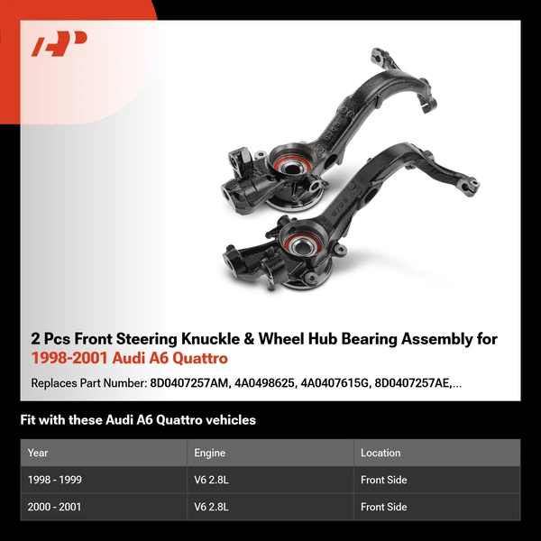 2 Pcs Front Steering Knuckle & Wheel Hub Bearing Assembly for 1998-2001 Audi A6 Quattro