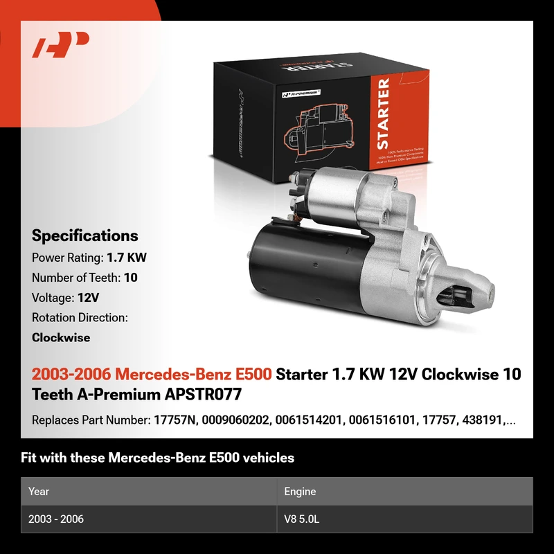 2003-2006 Mercedes-Benz E500 Starter 1.7 KW 12V Clockwise 10 Teeth A-Premium APSTR077