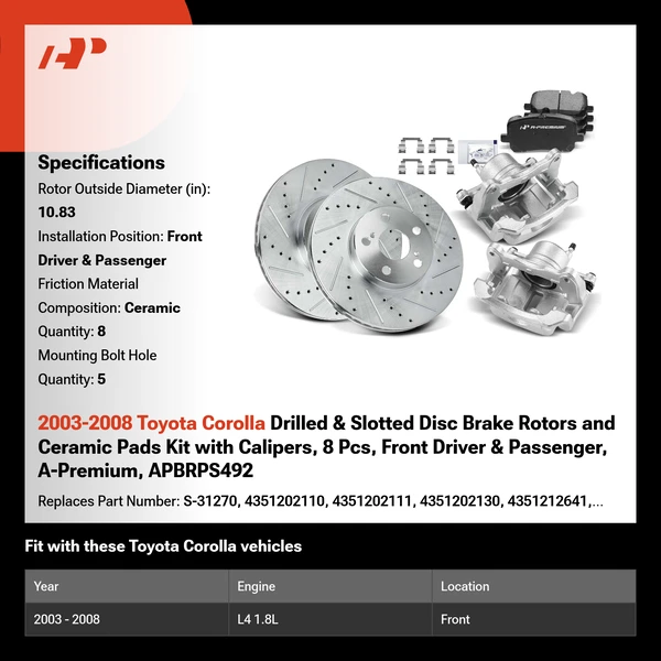 2003-2008 Toyota Corolla Drilled & Slotted Disc Brake Rotors and Ceramic Pads Kit with Calipers, 8 Pcs, Front Driver & Passenger, A-Premium, APBRPS492