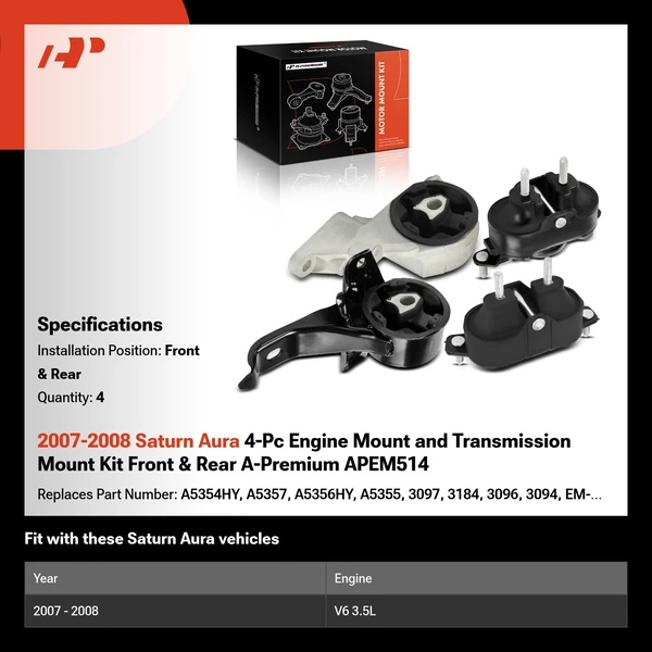 2007-2008 Saturn Aura 4-Pc Engine Mount and Transmission Mount Kit Front & Rear A-Premium APEM514