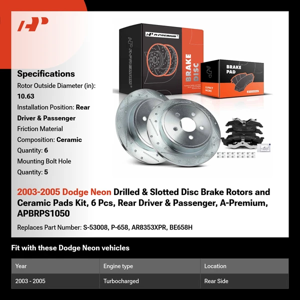 2003-2005 Dodge Neon Drilled & Slotted Disc Brake Rotors and Ceramic Pads Kit, 6 Pcs, Rear Driver & Passenger, A-Premium, APBRPS1050