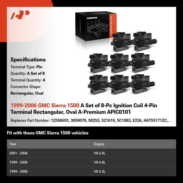 1999-2006 GMC Sierra 1500 A Set of 8-Pc Ignition Coil 4-Pin Terminal Rectangular, Oval A-Premium APIC0101
