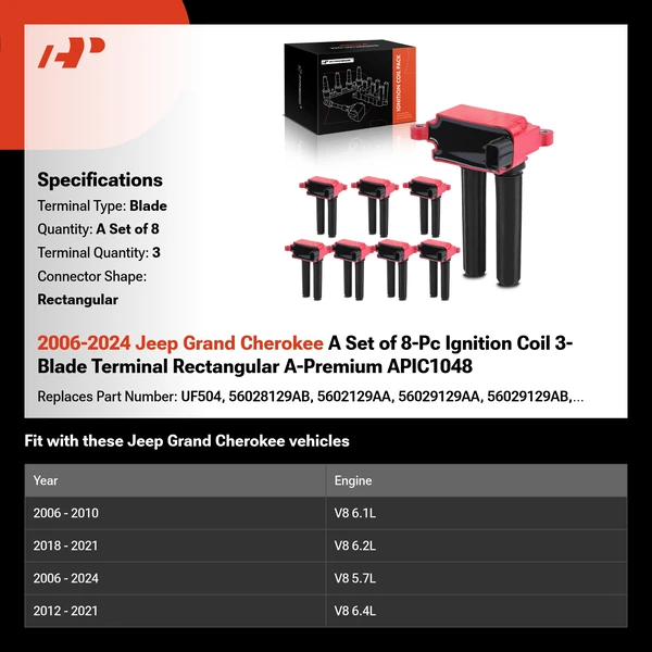 2006-2024 Jeep Grand Cherokee A Set of 8-Pc Ignition Coil 3-Blade Terminal Rectangular A-Premium APIC1048