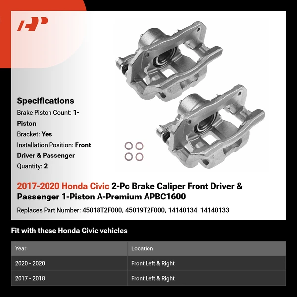 2017-2020 Honda Civic 2-Pc Brake Caliper Front Driver & Passenger 1-Piston A-Premium APBC1600