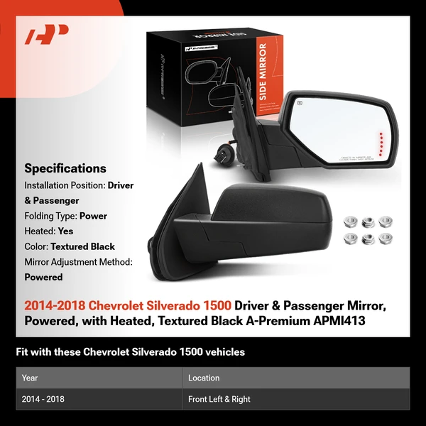 2014-2018 Chevrolet Silverado 1500 Driver & Passenger Mirror, Powered, with Heated, Textured Black A-Premium APMI413