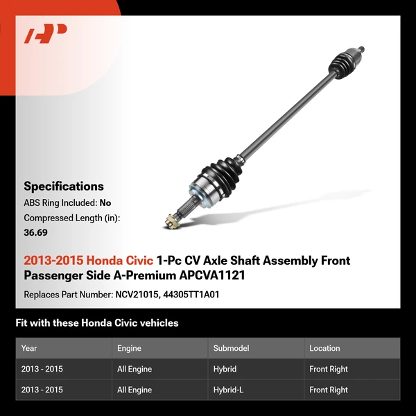 2013-2015 Honda Civic 1-Pc CV Axle Shaft Assembly Front Passenger Side A-Premium APCVA1121