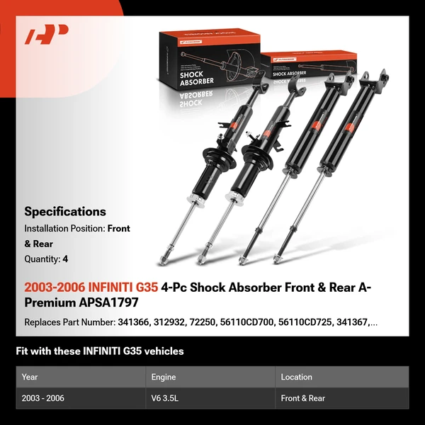 2003-2006 INFINITI G35 4-Pc Shock Absorber Front & Rear A-Premium APSA1797