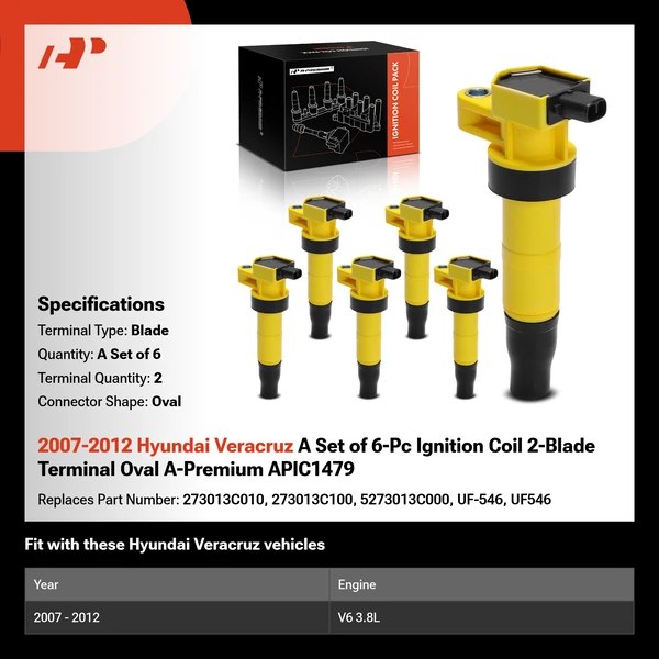 2007-2012 Hyundai Veracruz A Set of 6-Pc Ignition Coil 2-Blade Terminal Oval A-Premium APIC1479