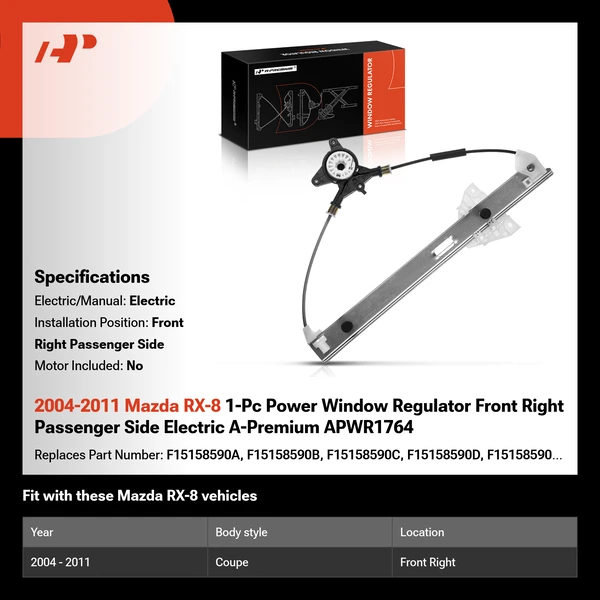 2004-2011 Mazda RX-8 1-Pc Power Window Regulator Front Right Passenger Side Electric A-Premium APWR1764