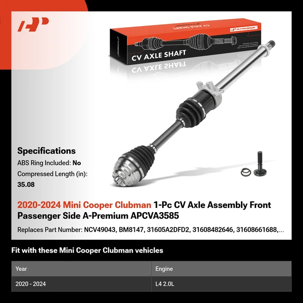 2020-2024 Mini Cooper Clubman 1-Pc CV Axle Assembly Front Passenger Side A-Premium APCVA3585