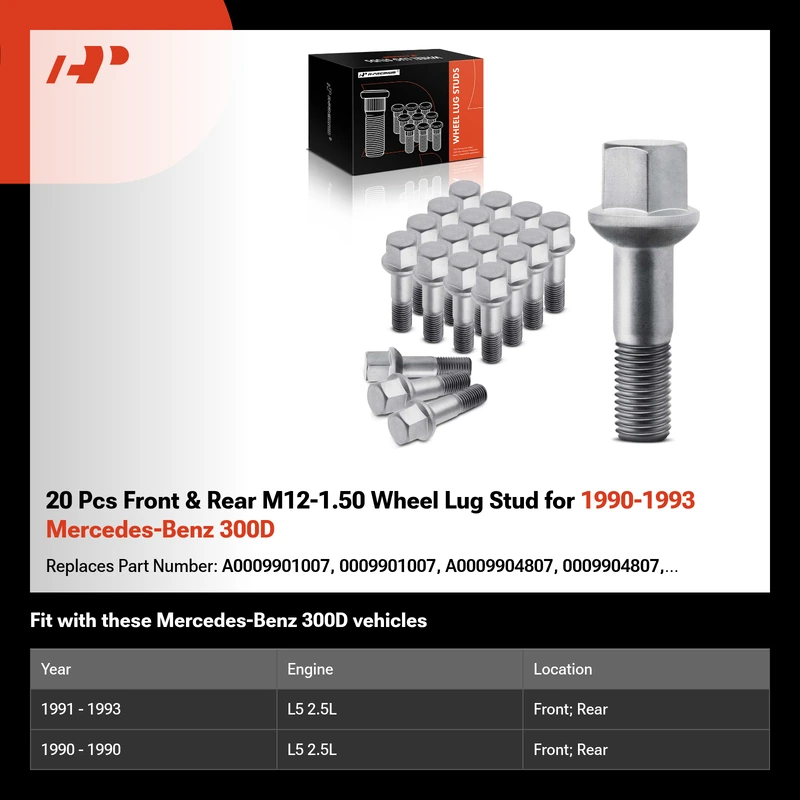 20 Pcs Front & Rear M12-1.50 Wheel Lug Stud for 1990-1993 Mercedes-Benz 300D