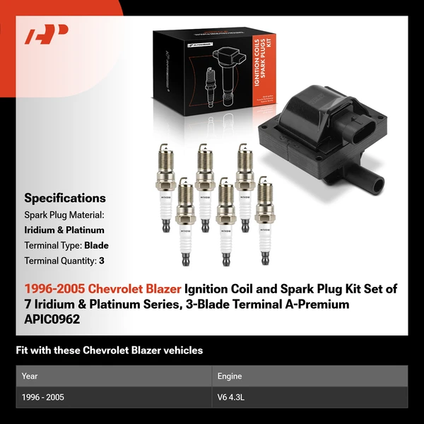 1996-2005 Chevrolet Blazer Ignition Coil and Spark Plug Kit Set of 7 Iridium & Platinum Series, 3-Blade Terminal A-Premium APIC0962