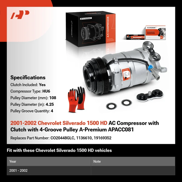 2001-2002 Chevrolet Silverado 1500 HD AC Compressor with Clutch with 4-Groove Pulley A-Premium APACC081