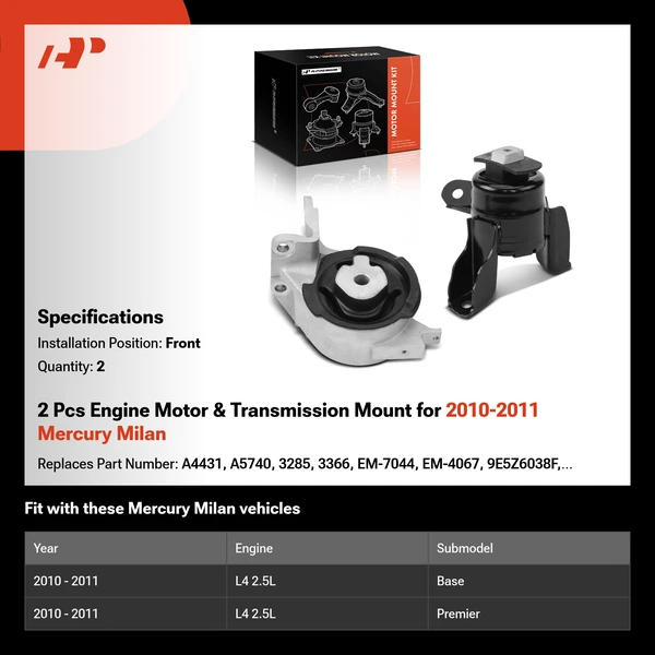 2 Pcs Engine Motor & Transmission Mount for 2010-2011 Mercury Milan