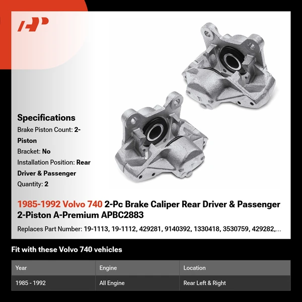1985-1992 Volvo 740 2-Pc Brake Caliper Rear Driver & Passenger 2-Piston A-Premium APBC2883