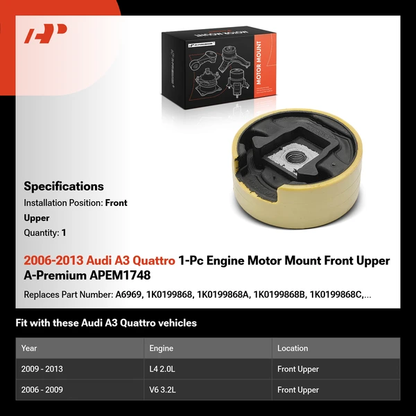 2006-2013 Audi A3 Quattro 1-Pc Engine Motor Mount Front Upper A-Premium APEM1748