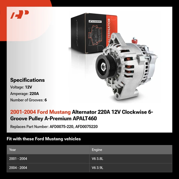 2001-2004 Ford Mustang Alternator 220A 12V Clockwise 6-Groove Pulley A-Premium APALT460