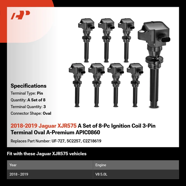 2018-2019 Jaguar XJR575 A Set of 8-Pc Ignition Coil 3-Pin Terminal Oval A-Premium APIC0860