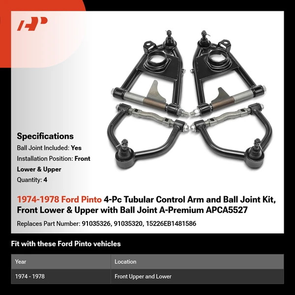 1974-1978 Ford Pinto 4-Pc Tubular Control Arm and Ball Joint Kit, Front Lower & Upper with Ball Joint A-Premium APCA5527