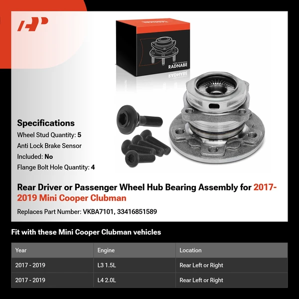 Rear Driver or Passenger Wheel Hub Bearing Assembly for 2017-2019 Mini Cooper Clubman