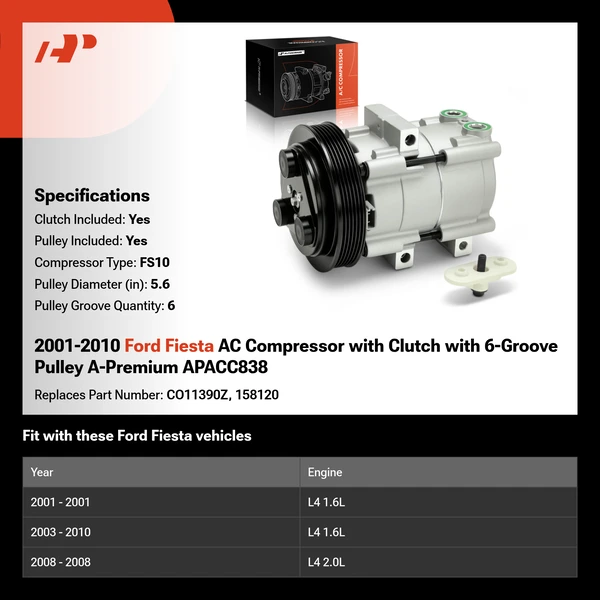 2001-2010 Ford Fiesta AC Compressor with Clutch with 6-Groove Pulley A-Premium APACC838