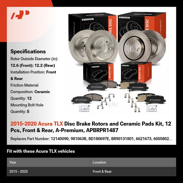 2015-2020 Acura TLX Disc Brake Rotors and Ceramic Pads Kit, 12 Pcs, Front & Rear, A-Premium, APBRPR1487