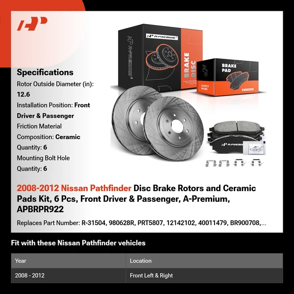 2008-2012 Nissan Pathfinder Disc Brake Rotors and Ceramic Pads Kit, 6 Pcs, Front Driver & Passenger, A-Premium, APBRPR922